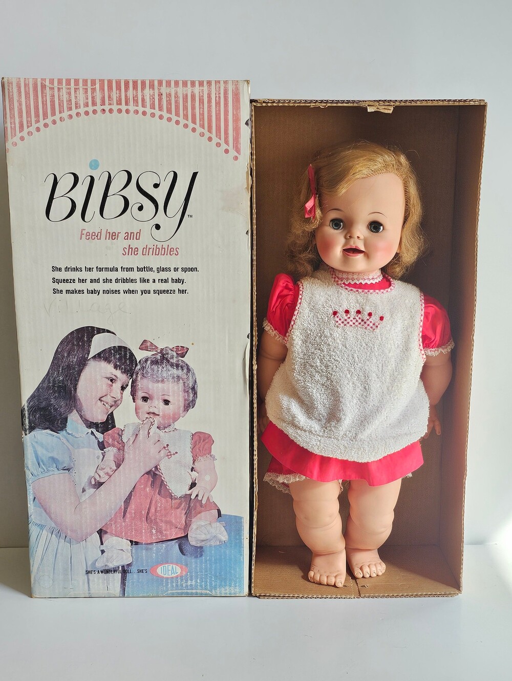 Rare 1960s Feeding Doll w/Original Red Dress, Bib, & Box Ideal Toy Corp. D-20-1